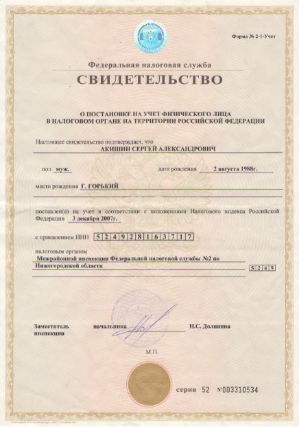Свидетельство ИНН