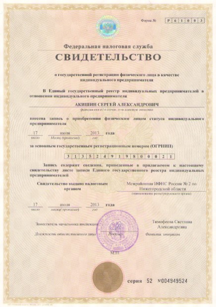 Свидетельство о регистрации ИП